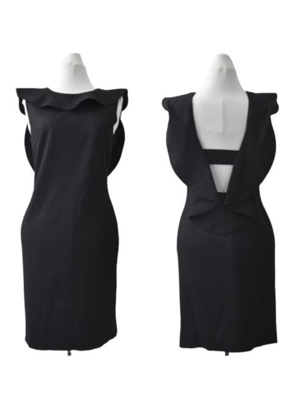 Carla G Dress Black Woll Dress Womens Size 6 IT 42 Low Back Ruffle Flutter LBD